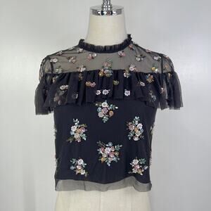 Needle & Thread Embellished Tulle Mesh Crop Top Black Flutter Sleeve